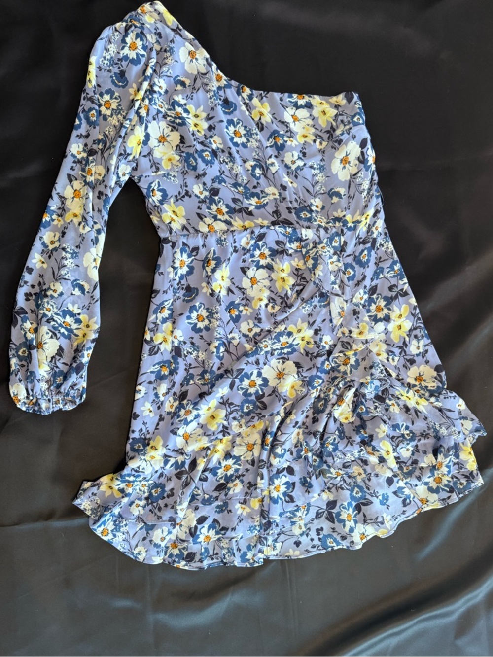 Floral One-Shoulder Blue Ruffle Mini Dress